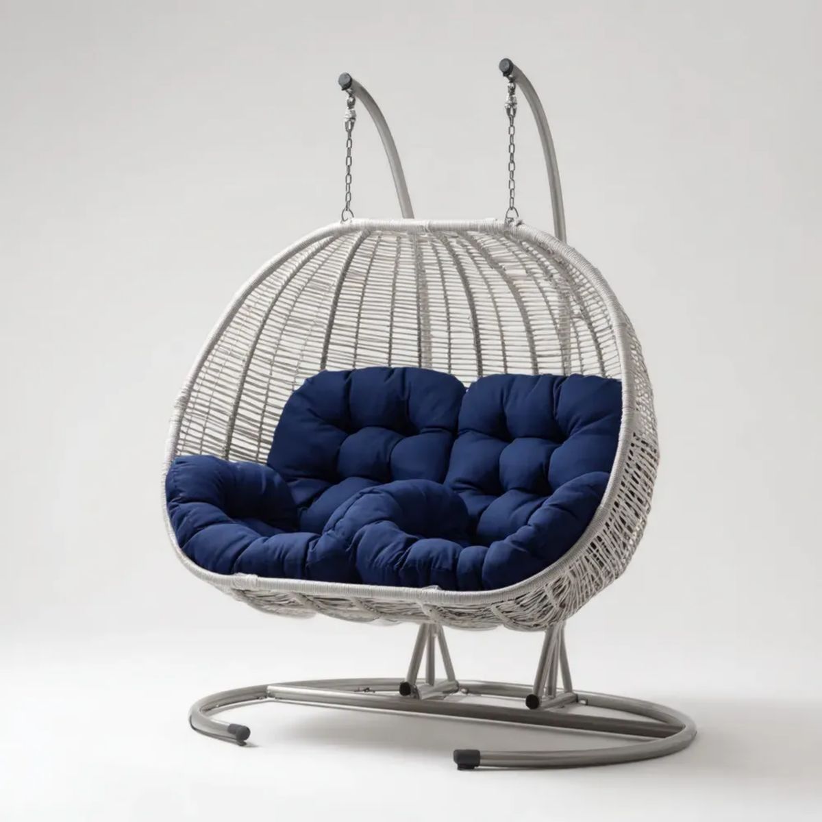 Dwuosobowy fotel wiszący ogrodowy z technorattanu i stalowym stelażem, biało-szaro-granatowy, 200 x 130 x 195 cm