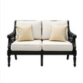 Dwuosobowa sofa ogrodowa z odlewu aluminiowego, czarna z kremowymi i beżowymi poduszkami, 130 x 68 x 95 cm