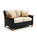 Dwuosobowa sofa ogrodowa z technorattanu i drewna, czarna, beżowa i naturalnie brązowa, 140 x 80 x 85 cm