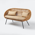 Dwuosobowa sofa ogrodowa z naturalnego rattanu, beżowa, ze stalowymi nogami, 130 x 70 x 78 cm