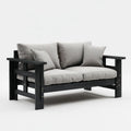 Dwuosobowa sofa ogrodowa z drewna, czarna z jasnoszarymi poduszkami, 145 x 75 x 75 cm